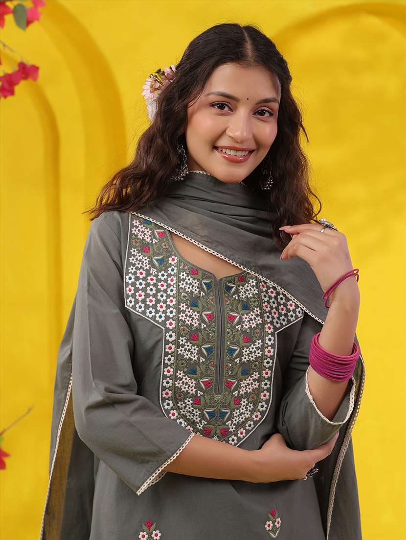 women solid with work three quarter sleeve kurta pant with dupatta set - 22489475 -  Standard Image - 2