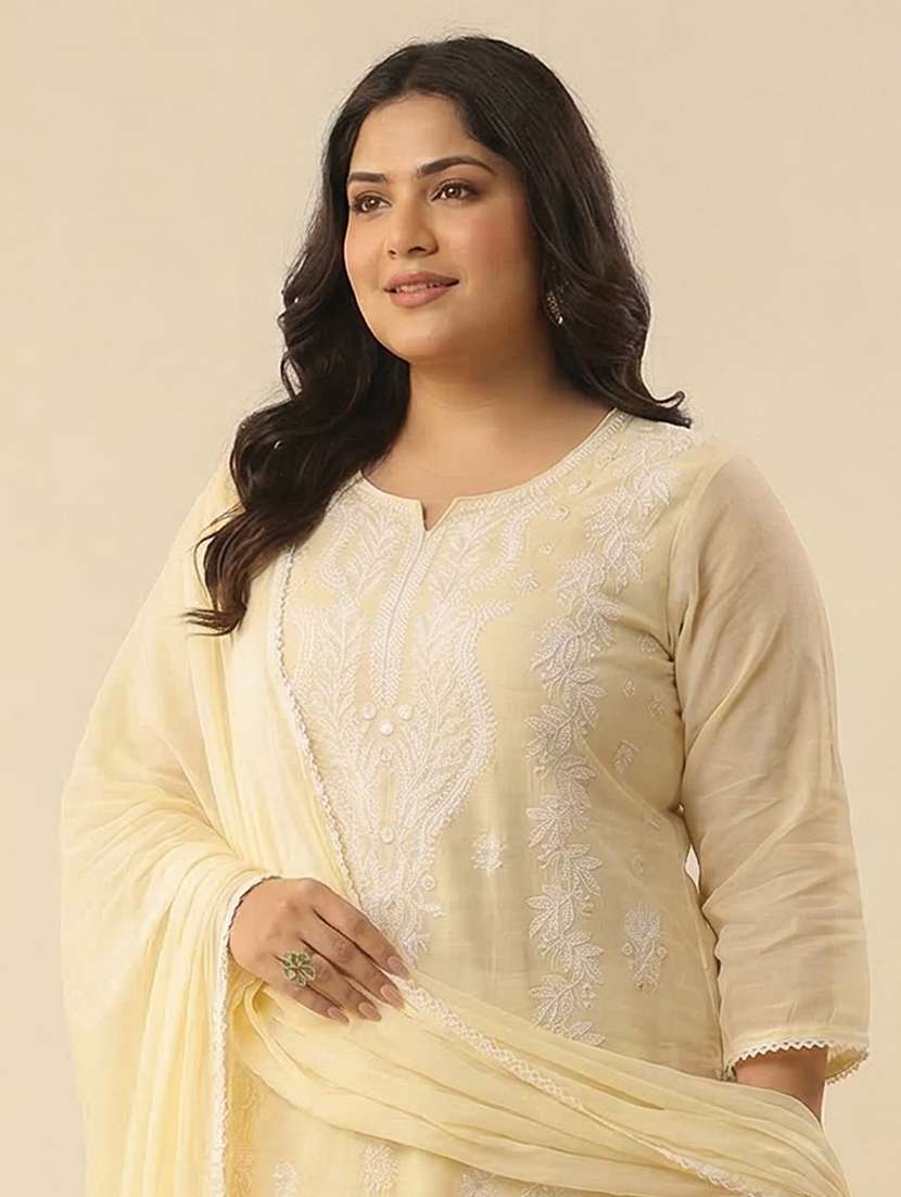 women solid with work three quarter sleeve kurta pant with dupatta set - 22489476 -  Standard Image - 2