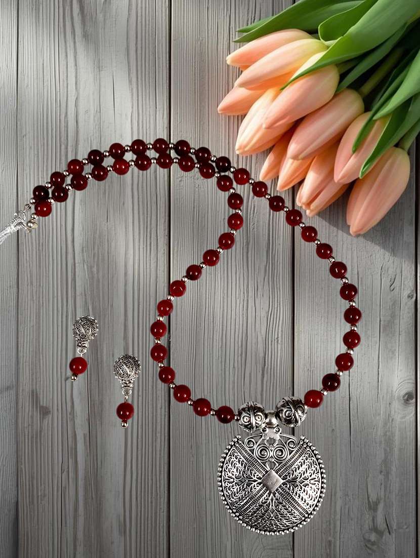 Ethnic Big Pendant Necklace And Earrings Set Red - 22489531 -  Standard Image - 2