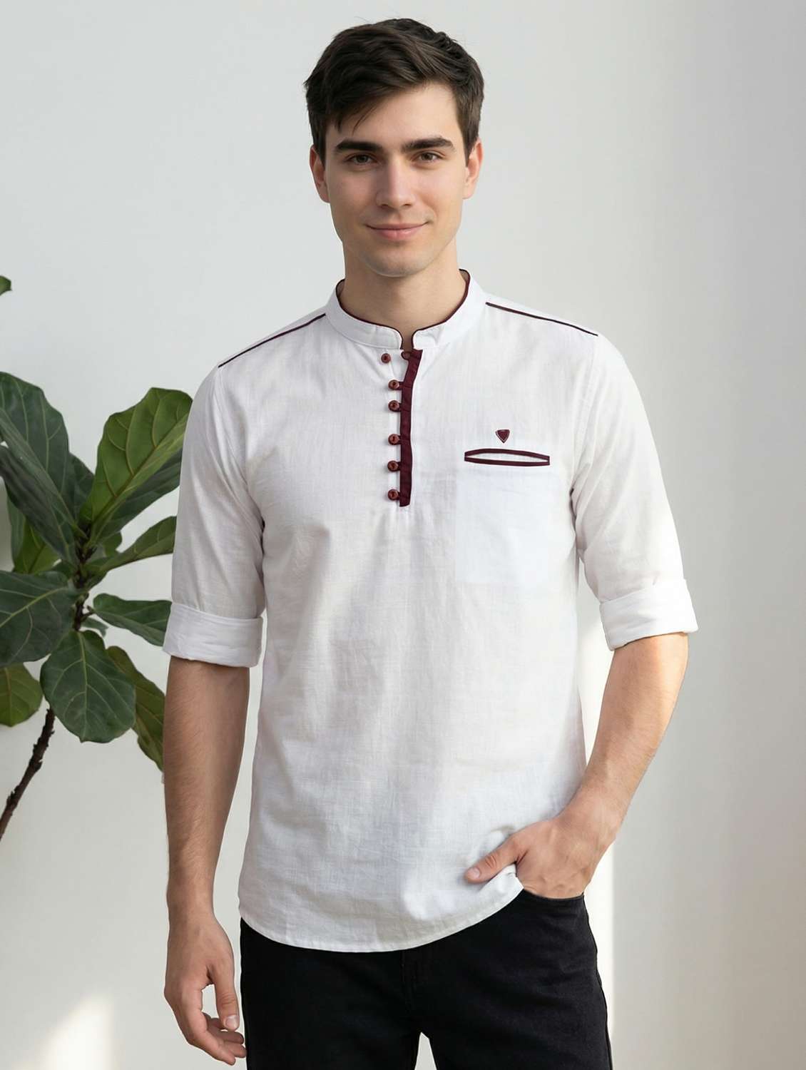 men solid mandarin neck short kurta