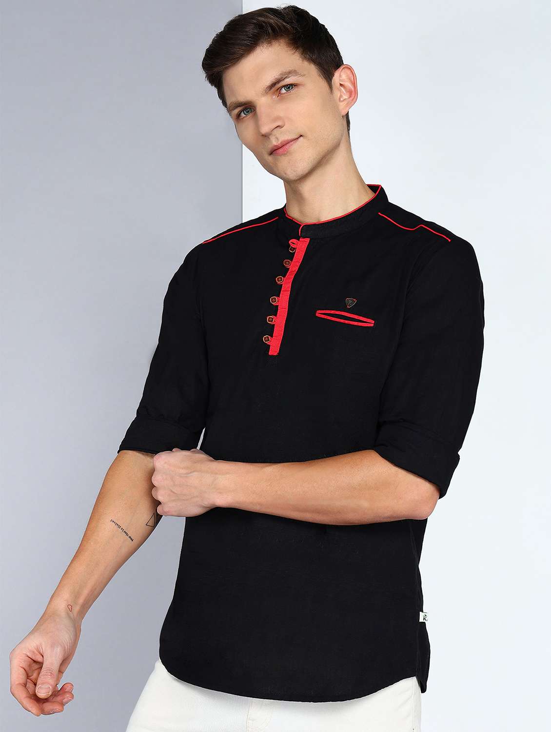 men solid mandarin neck short kurta - 22489538 -  Standard Image - 2