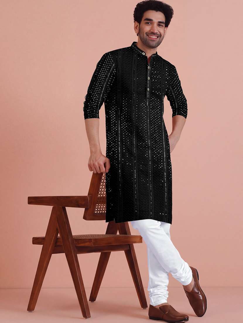 men solid with work mandarin neck kurta pyjama set
