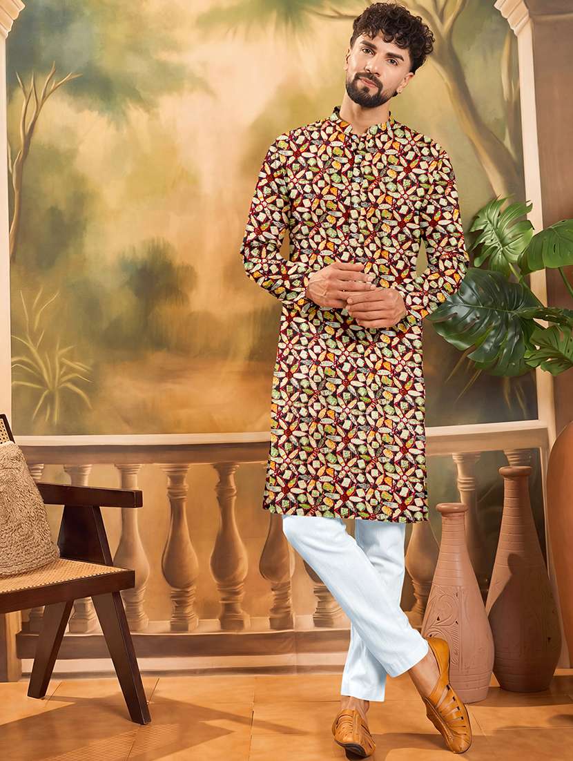 men printed mandarin neck kurta pyjama set
