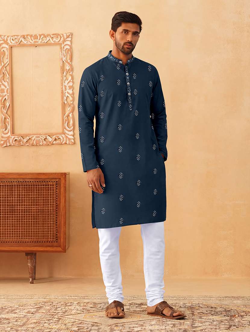 men solid with work mandarin neck kurta pyjama set