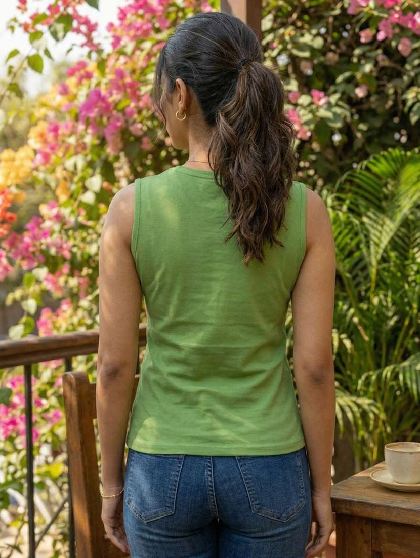 girls green sleeveless notch neck top with lace embroidery - 22489731 -  Standard Image - 2