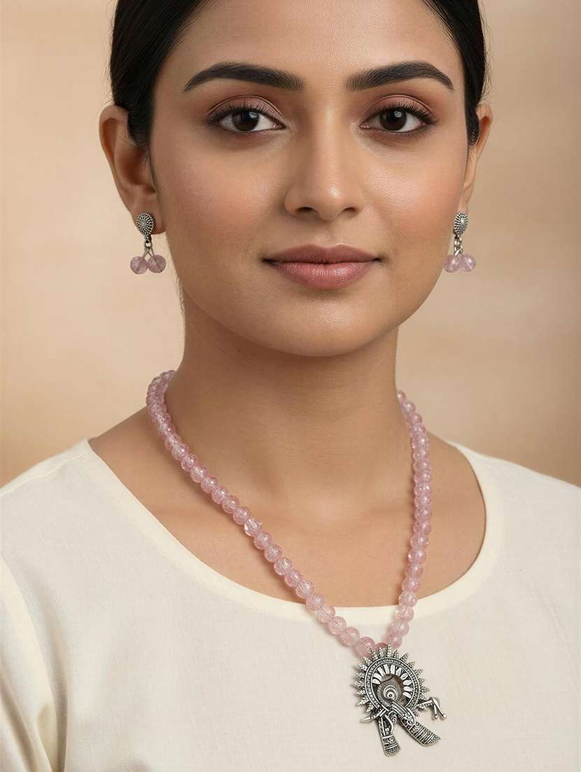 Pink Necklace And Earrings Set With Oxidized Pendant - 22489772 -  Standard Image - 2