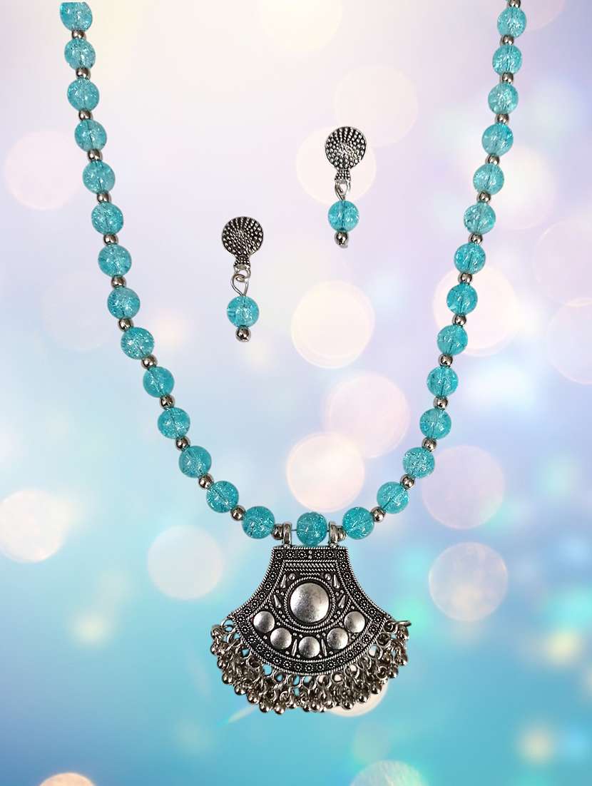 Oxidized Metal Necklace Set With Blue Beads And Earrings - 22489775 -  Standard Image - 2
