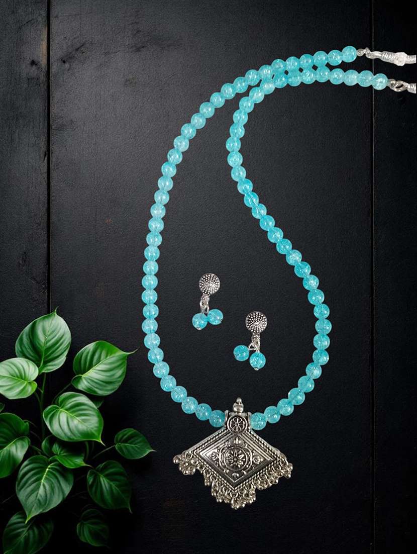 Blue Oxidised Metal Necklace And Earrings Set - 22489778 -  Standard Image - 2