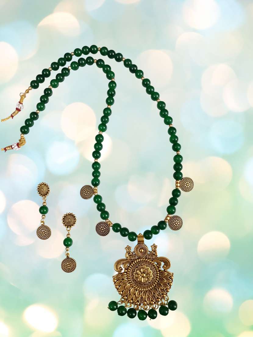 Ethnic Green Oxidized Metal Necklace And Earrings Set - 22489781 -  Standard Image - 2