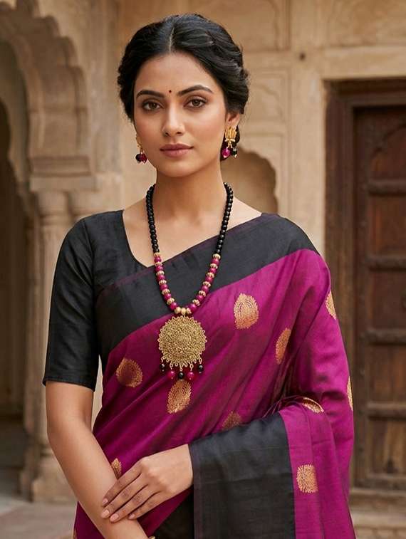 ethnic big pendant necklace set with earrings - black & magenta - 22489787 -  Standard Image - 2