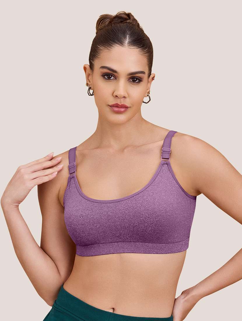 women purple lycra non padded sports bra