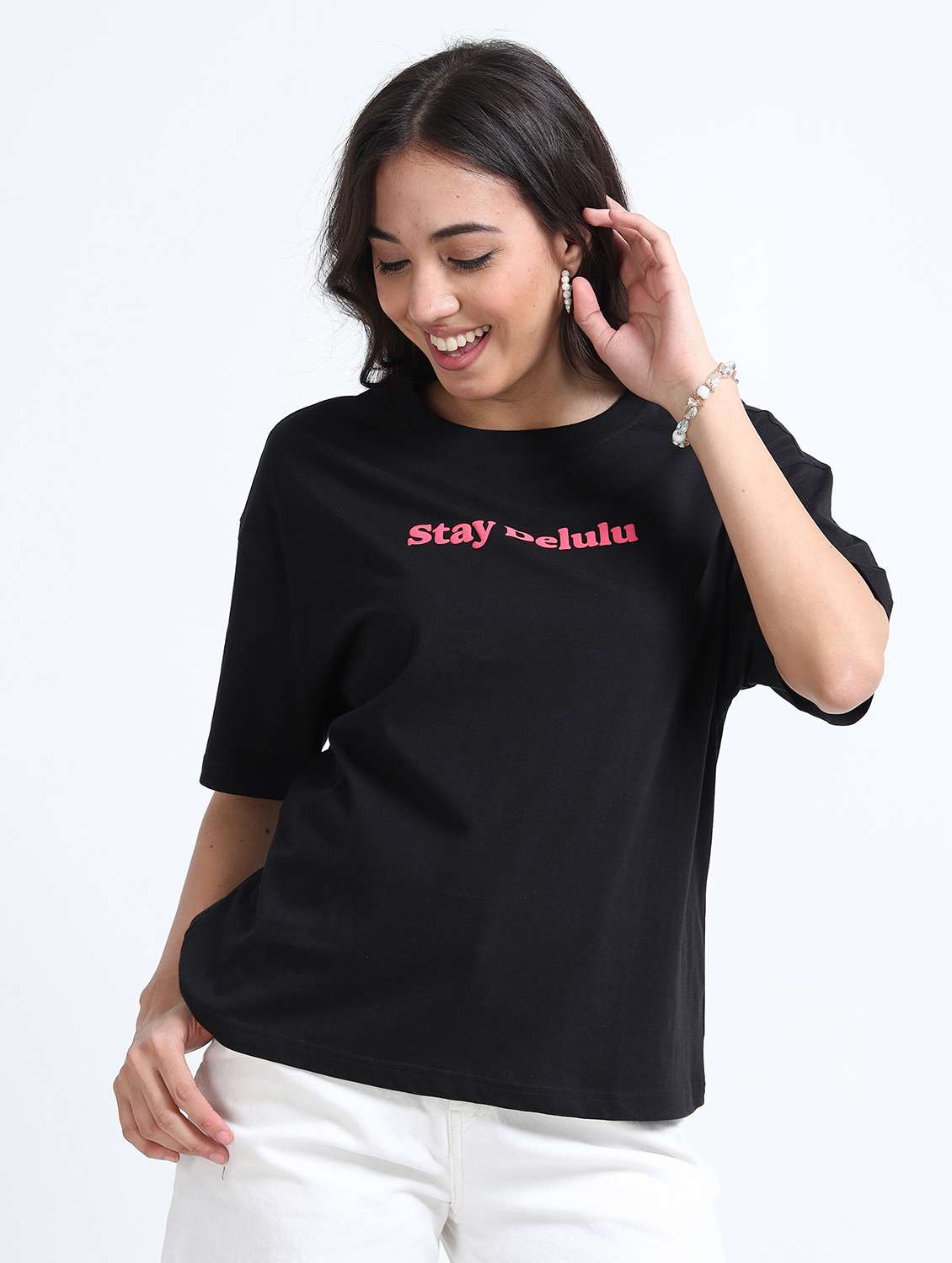 girls black cotton oversized fit round neck t-shirt - 22489826 -  Standard Image - 2