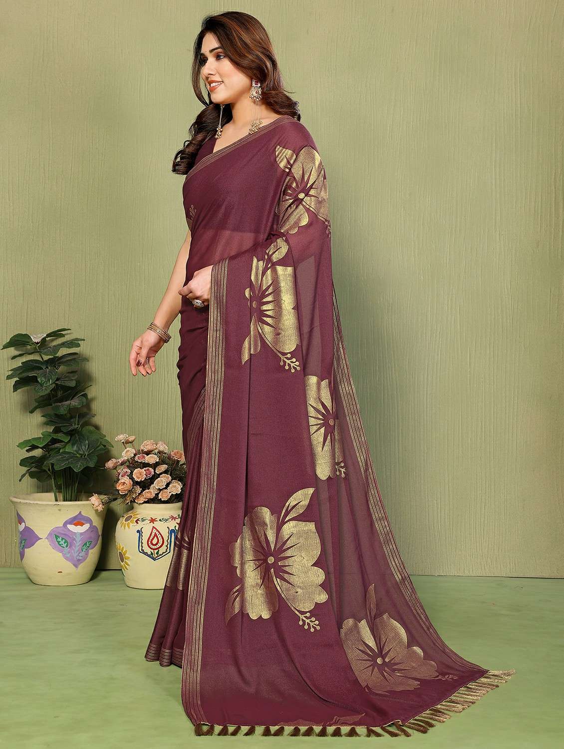 women foil printed saree with blouse - 22489842 -  Standard Image - 2