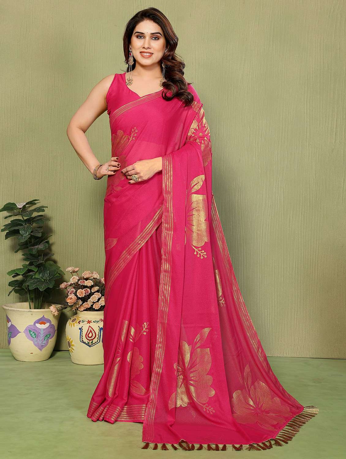 women foil printed saree with blouse