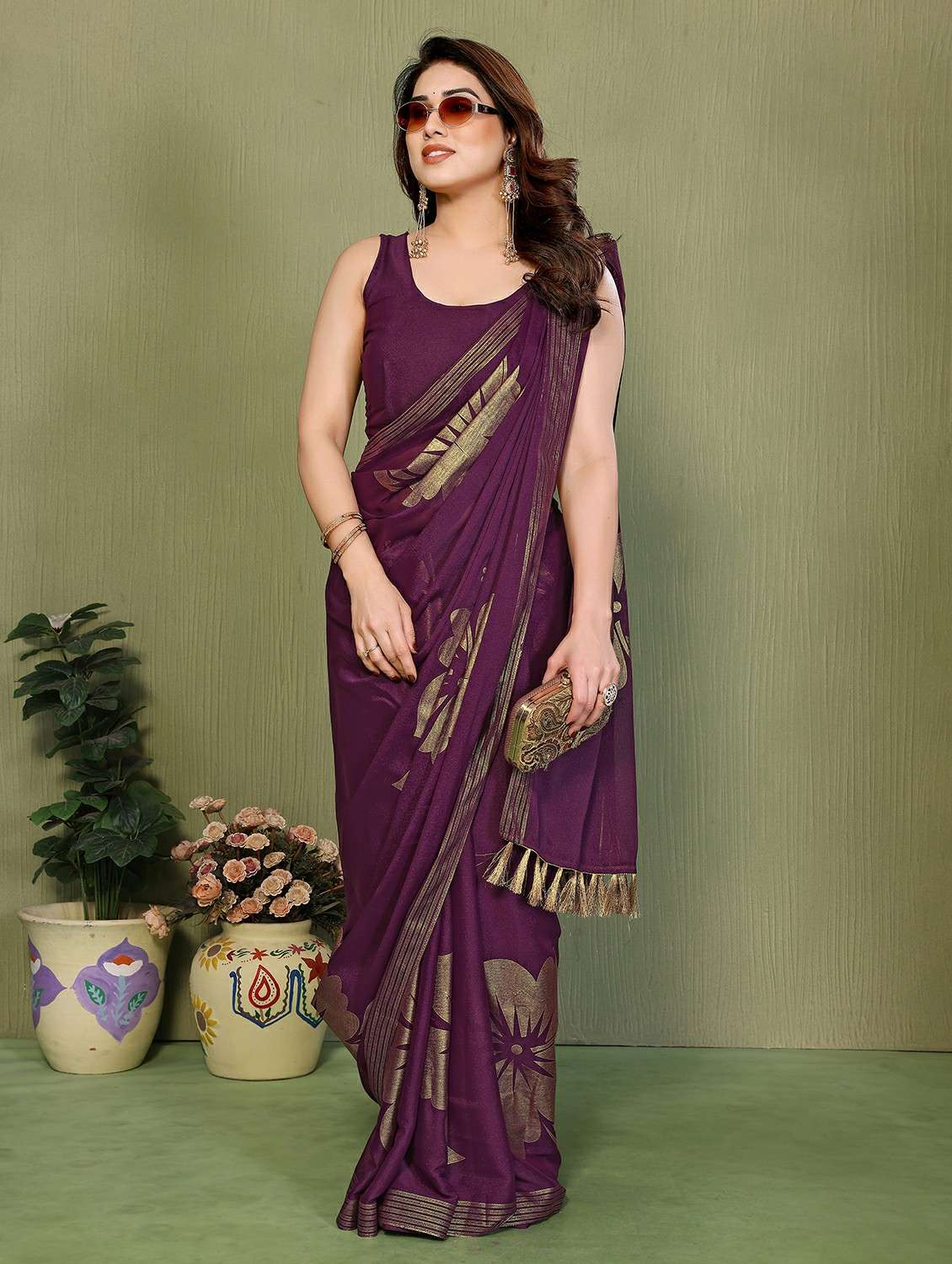 women foil printed saree with blouse - 22489846 -  Standard Image - 2