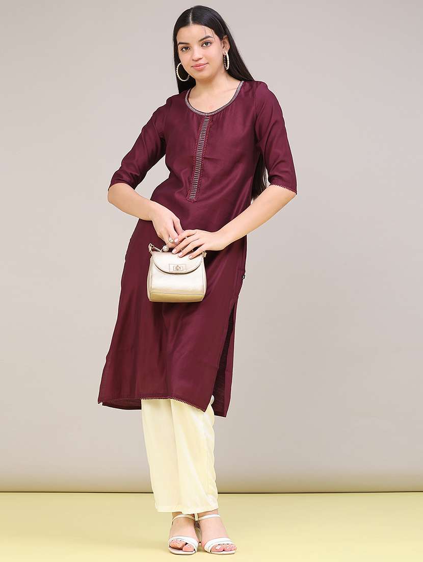 women embroidered three quarter sleeve straight kurta
