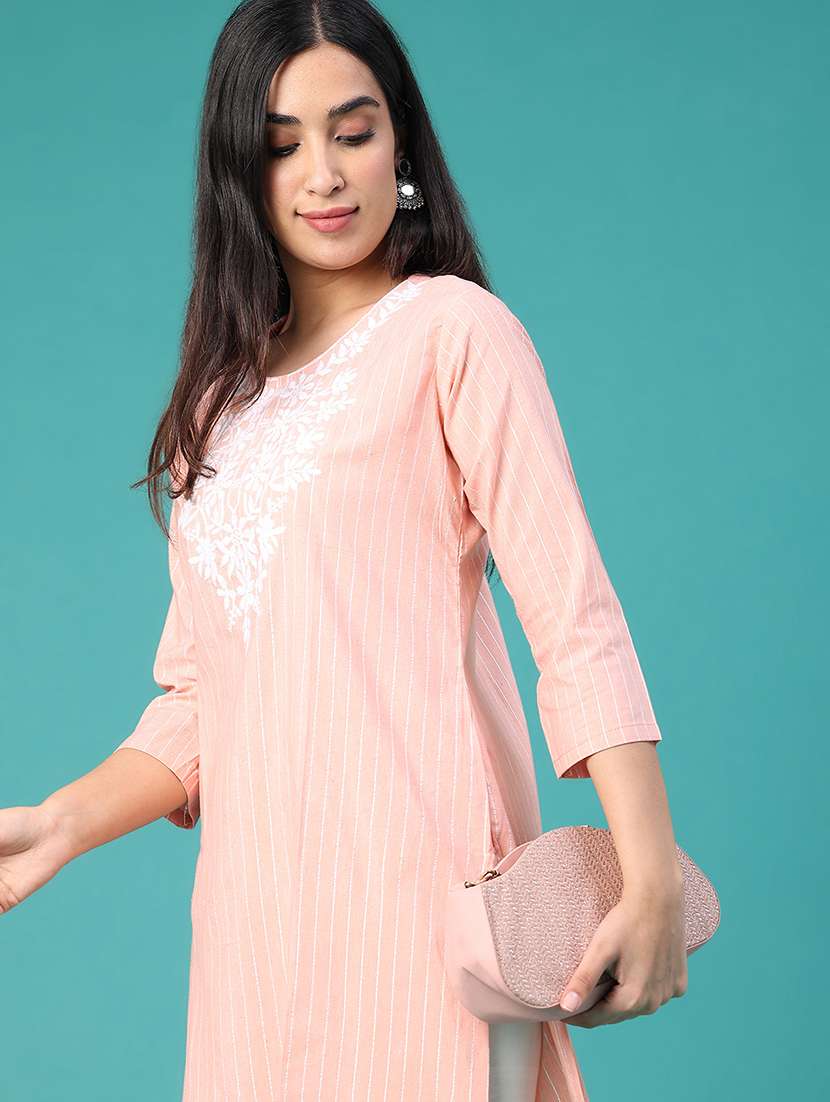 women embroidered three quarter sleeve straight kurta
