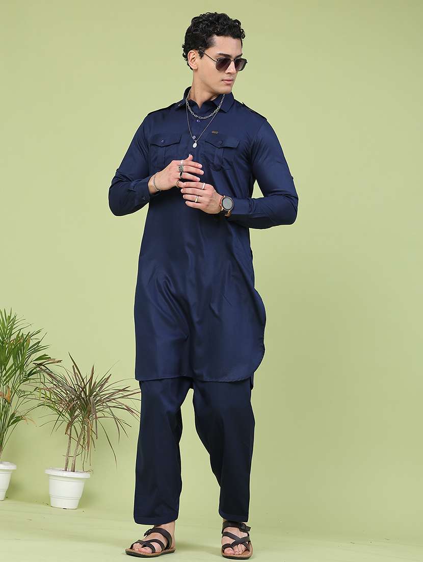 men solid long sleeves pathani kurta set