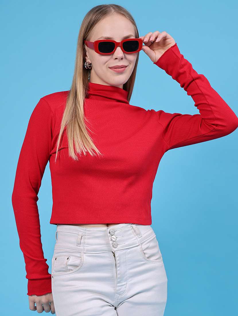 women solid long sleeves crop top