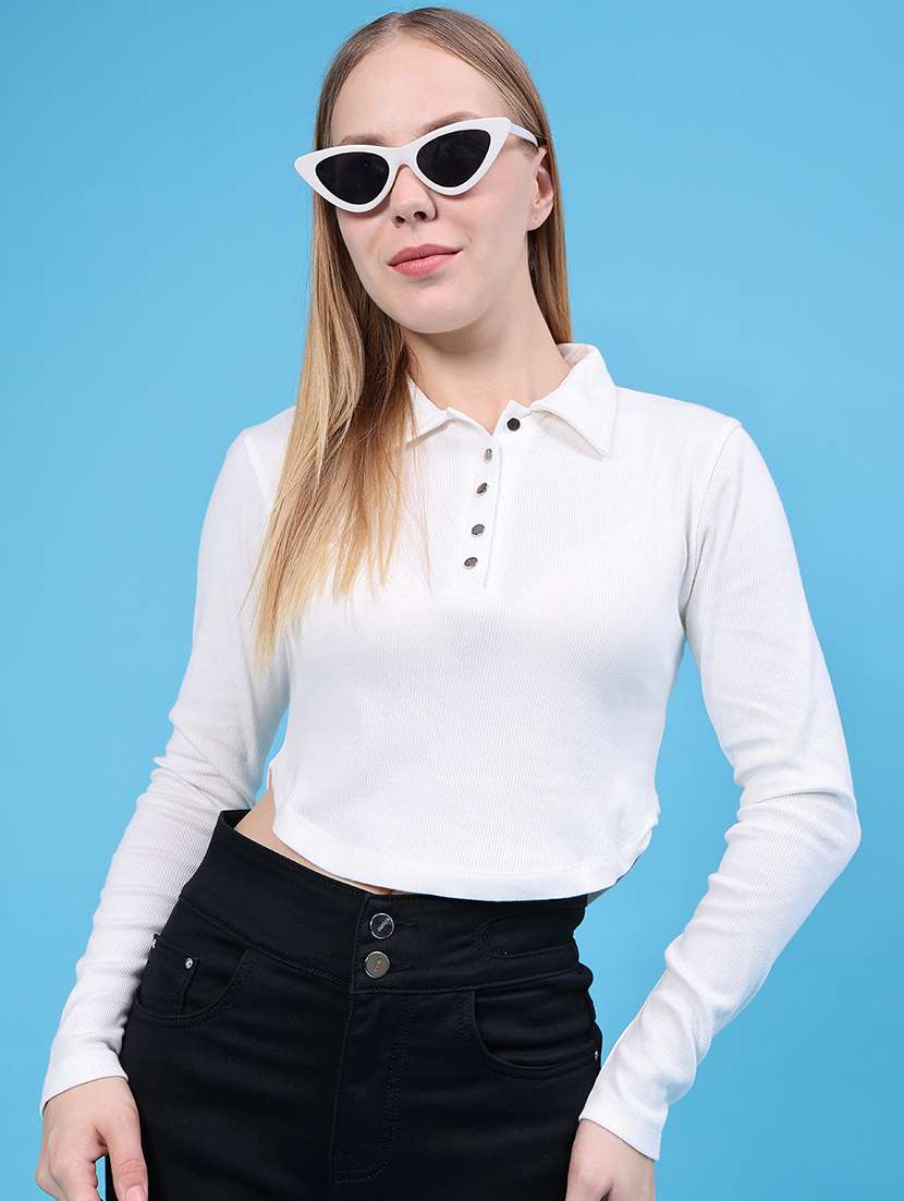 women solid long sleeves polo crop t-shirt