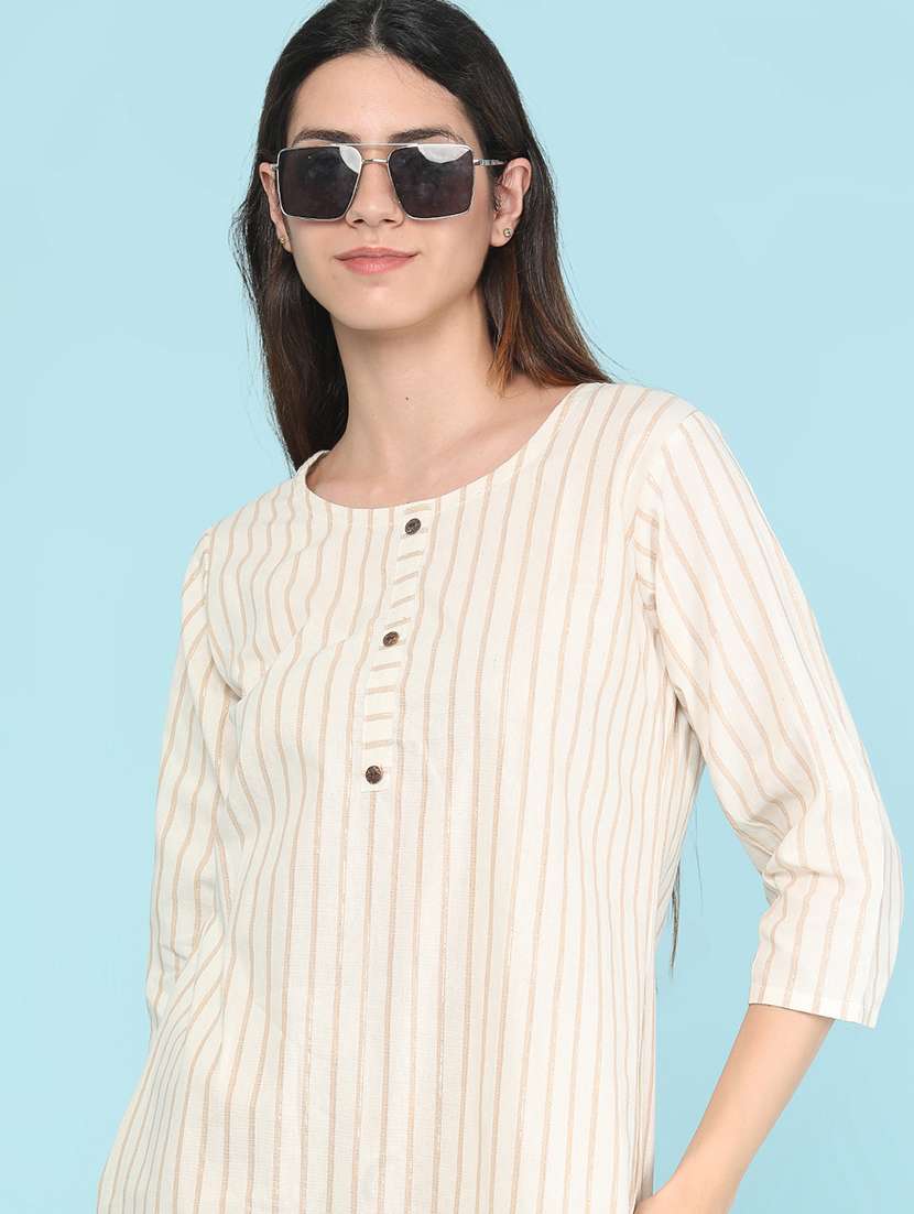 women striped three quarter sleeves straight kurta