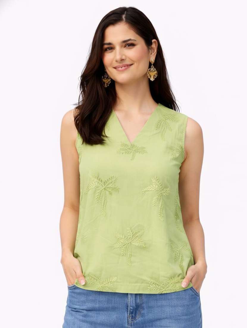 green linen sleeveless v-neck top - 22494747 -  Standard Image - 2