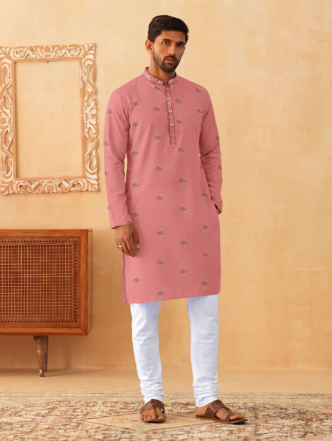 men solid with work mandarin neck kurta pyjama set