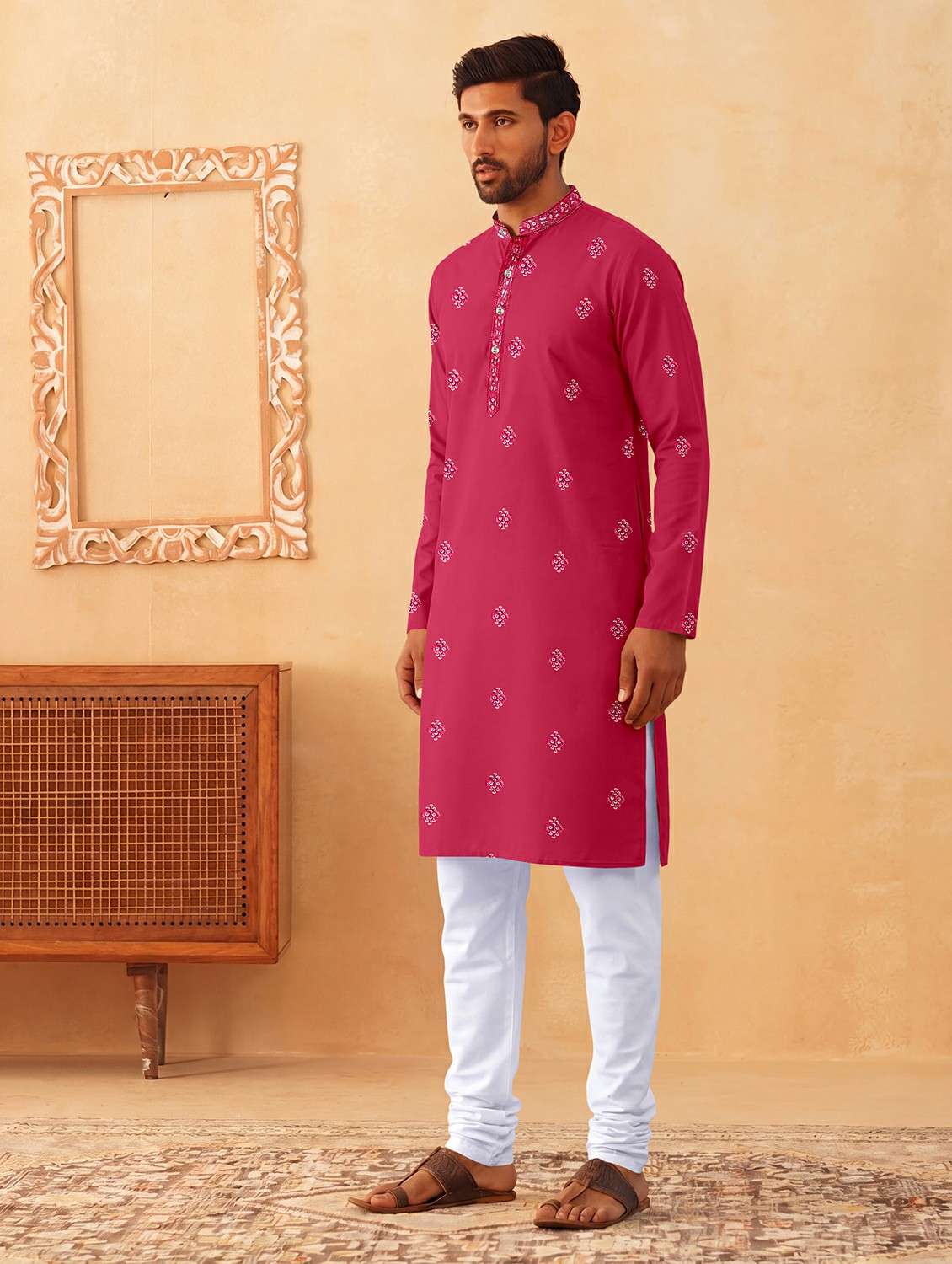 men solid with work mandarin neck kurta pyjama set - 22494810 -  Standard Image - 2