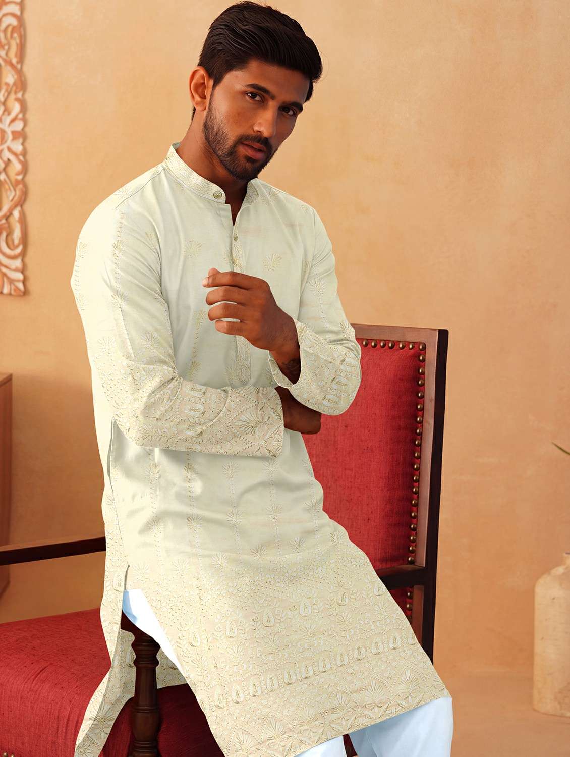 men solid with work mandarin neck kurta pyjama set - 22494818 -  Standard Image - 2