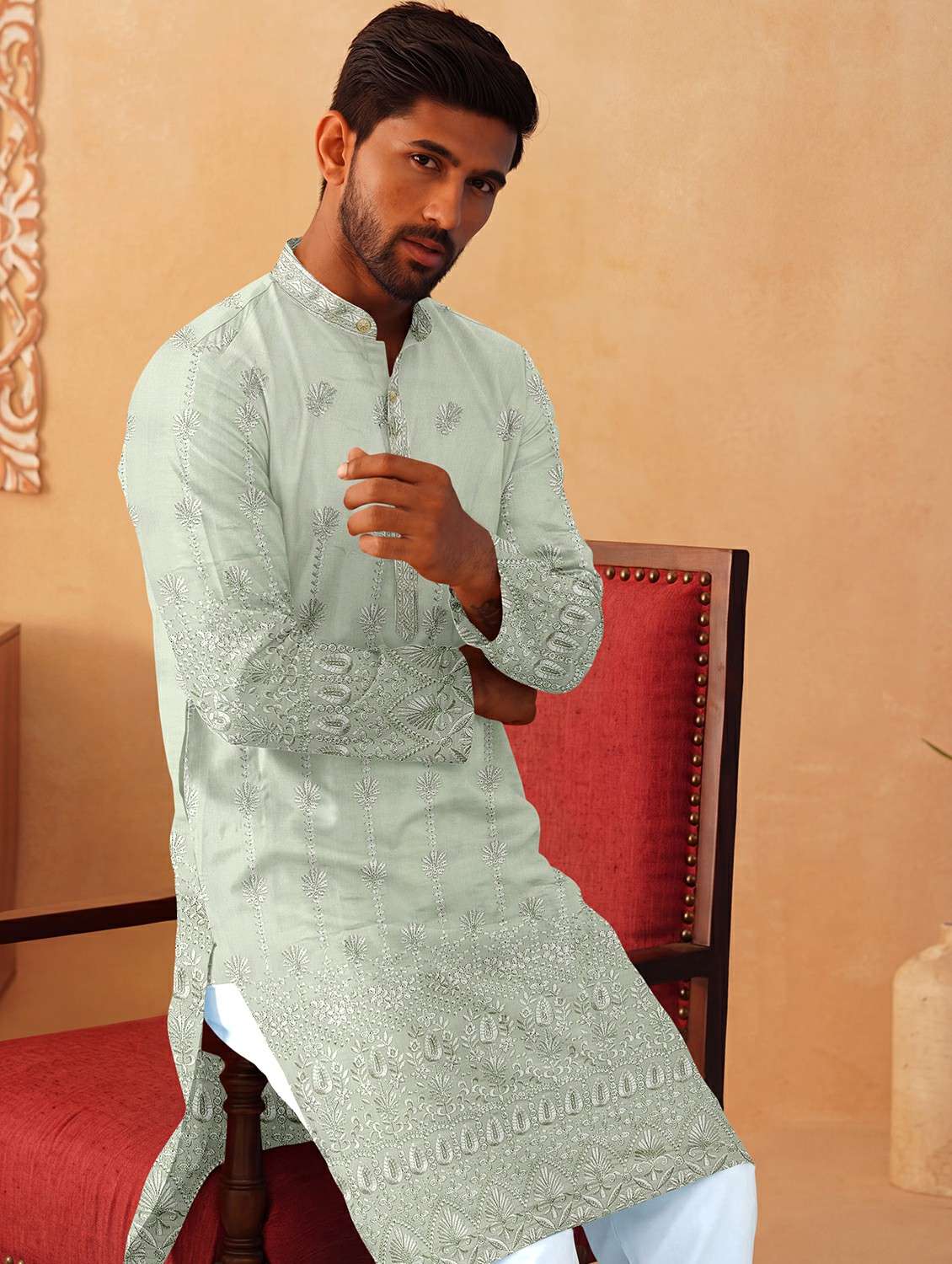 men solid with work mandarin neck kurta pyjama set - 22494820 -  Standard Image - 2