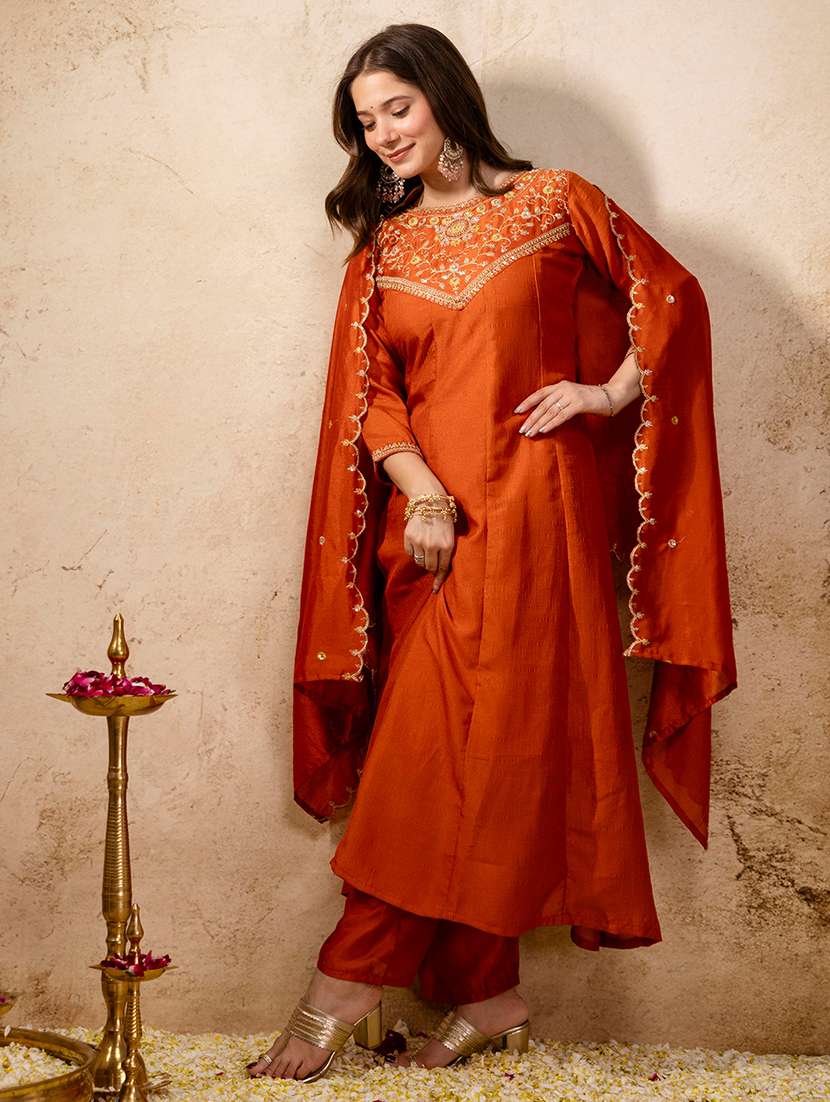 women solid with work three quarter sleeve kurta pant with dupatta set - 22494830 -  Standard Image - 2