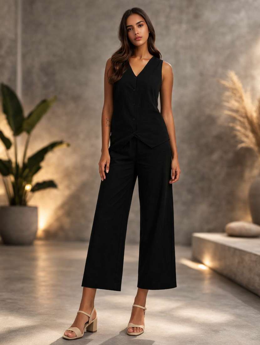 women solid sleeveless top and trouser co-ord set - 22494867 -  Standard Image - 2