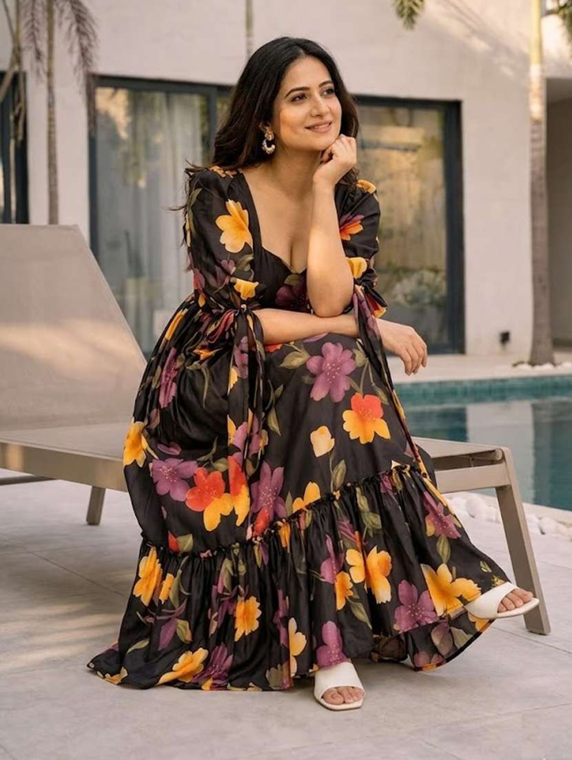 girls black floral rayon maxi tiered dress with puff sleeves - 22494895 -  Standard Image - 2