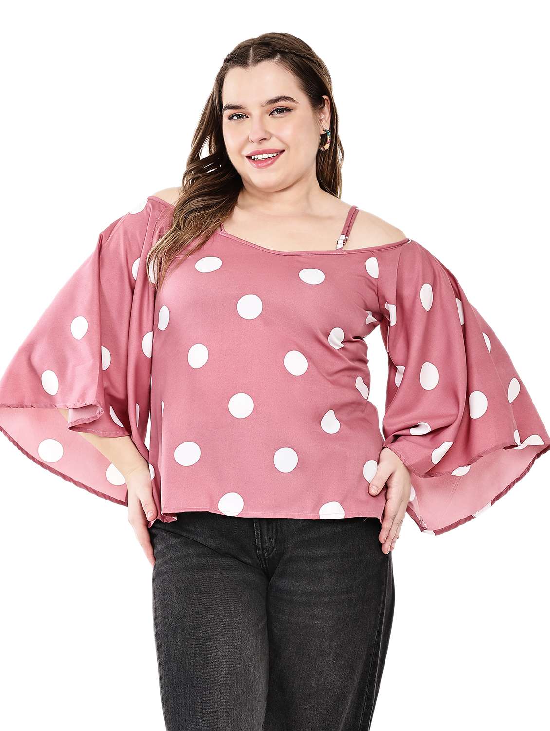 women polka dots cold shoulder top