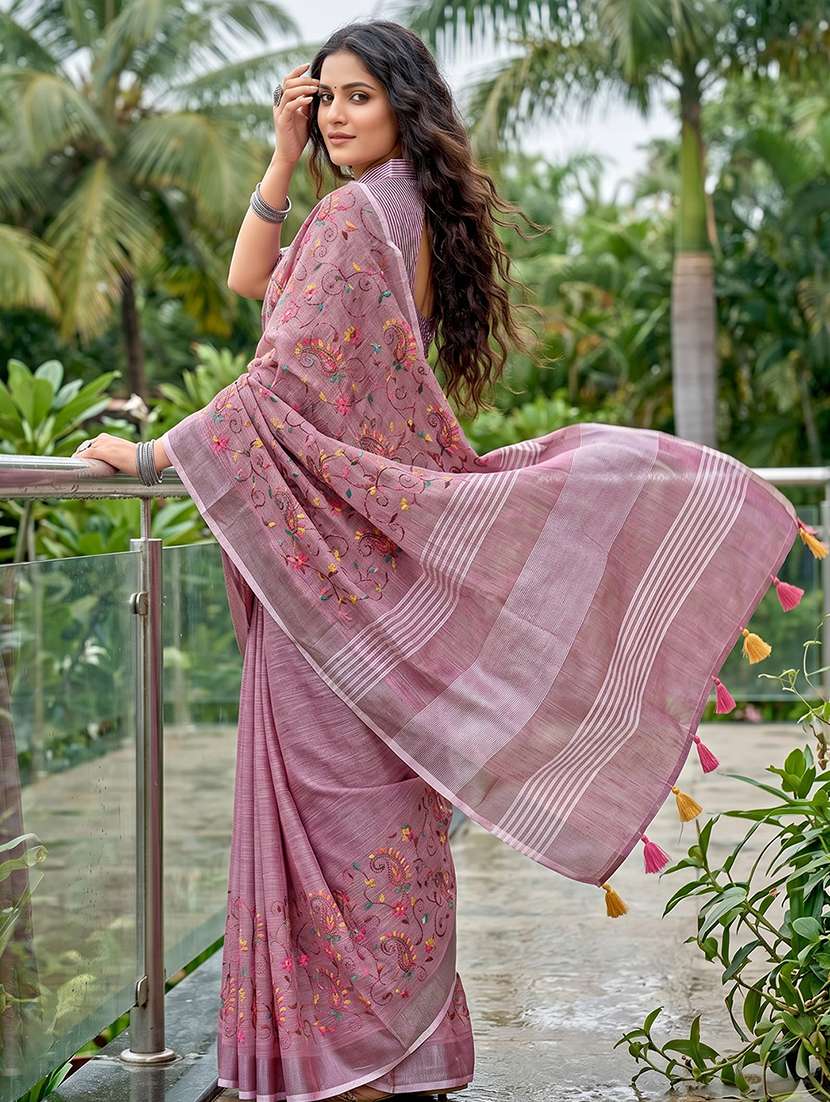 Women Solid With Work Embroidered Saree With Blouse - 22495281 -  Standard Image - 2