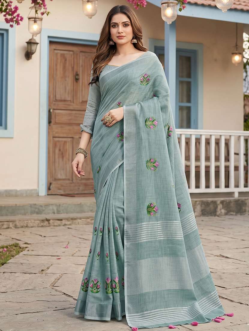 women solid with work embroidered saree with blouse
