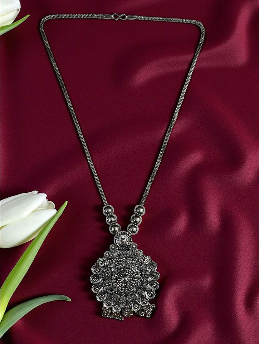 artificial oxidised silver big pendant necklace chain
