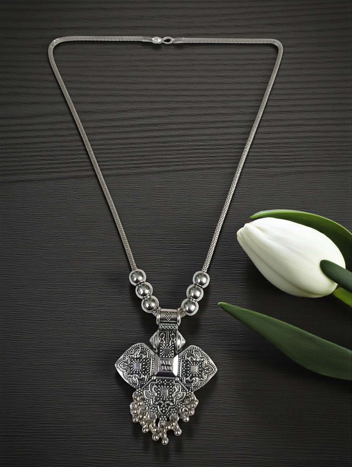 Oxidised Silver Big Pendant Necklace Chain With Balls - 22495396 -  Standard Image - 2
