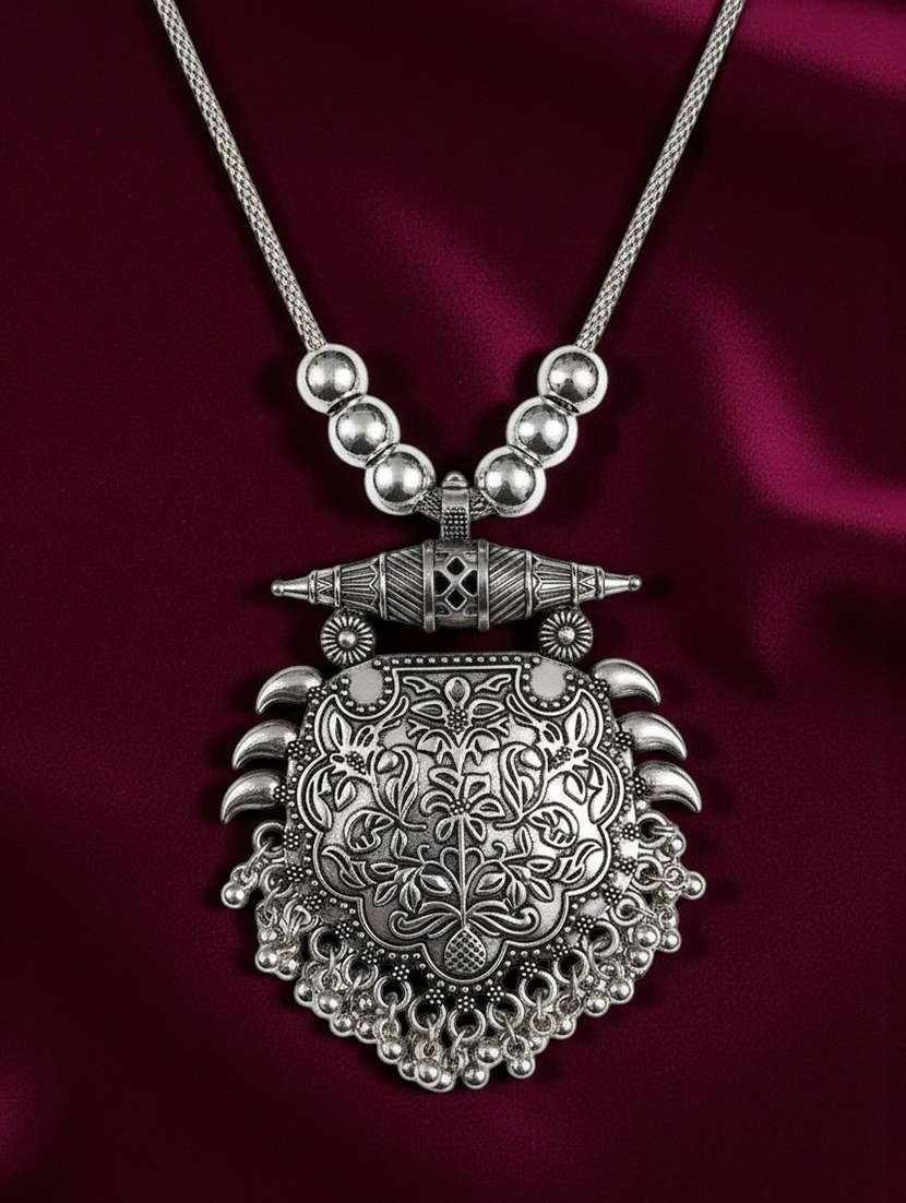 Oxidised Silver Big Pendant Necklace Chain Stylish Antique Statement Jewellery - 22495398 -  Standard Image - 2