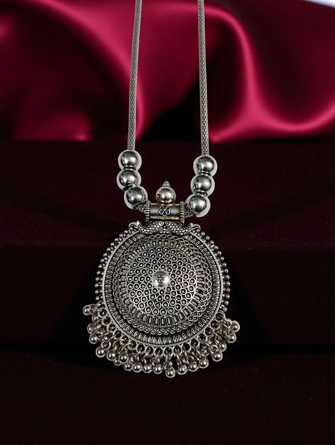 Artificial Oxidised Traditional Silver Big Pendant Necklace Chain - 22495400 -  Standard Image - 2