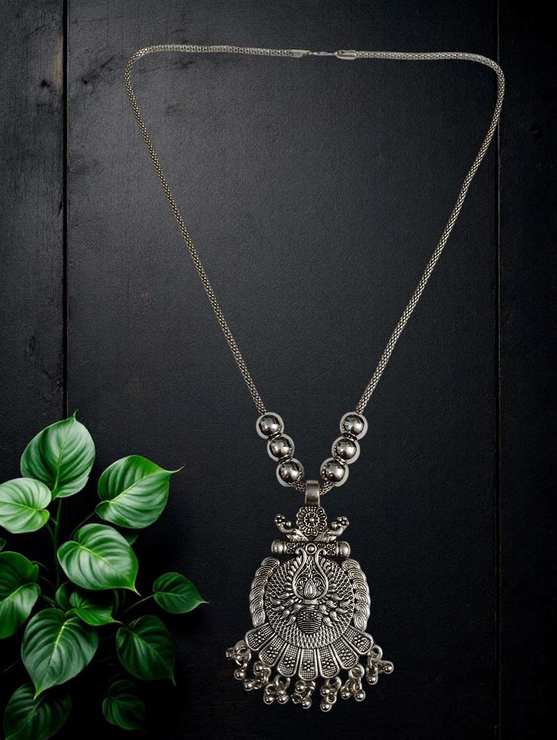 Artificial Oxidised Traditional Silver Big Pendant Necklace - 22495405 -  Standard Image - 2