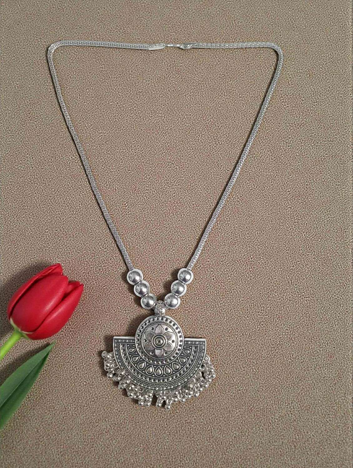 artificial silver oxidised big pendant trendy necklace chain jewellery