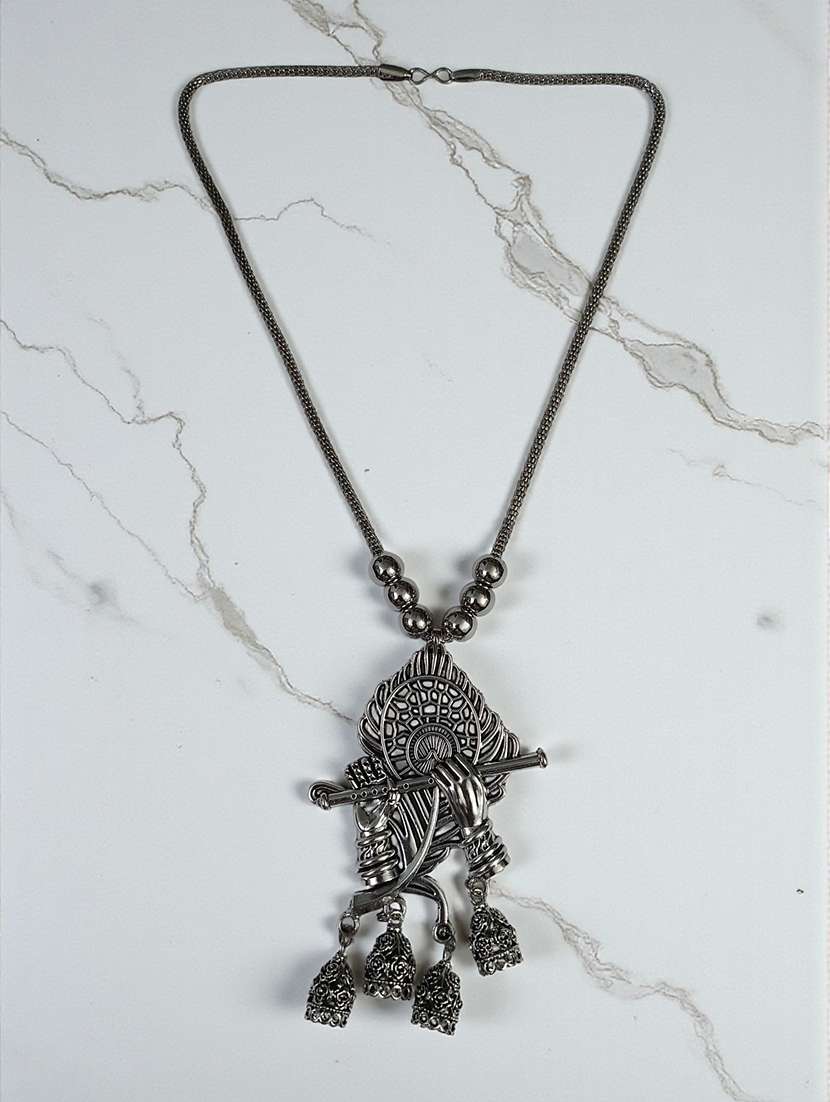 oxidised silver handcrafted krishna flute pendant necklace for women
