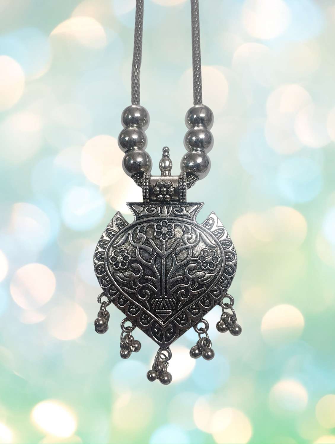 oxidised artificial silver ethnic big pendant necklace chain