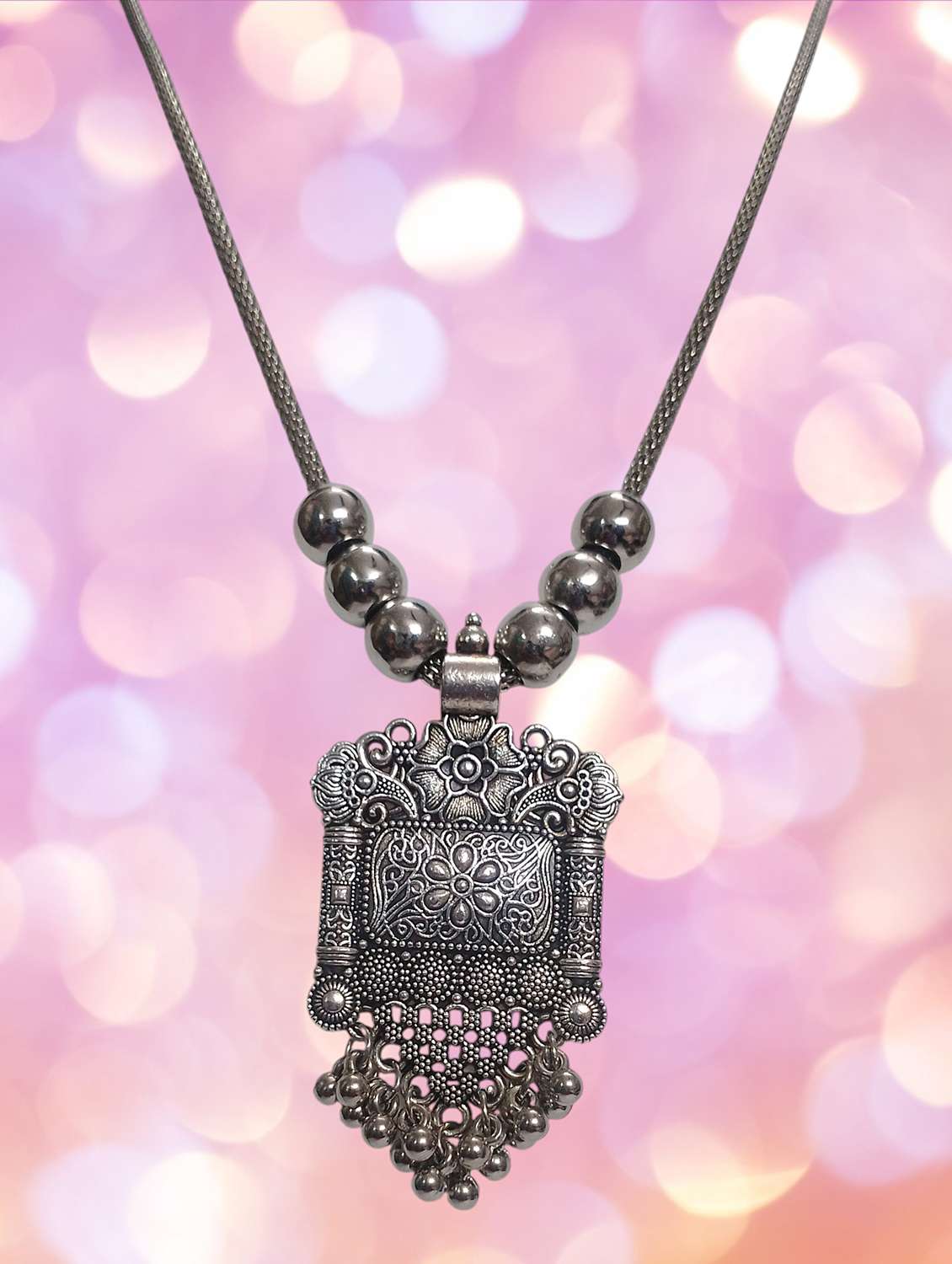 artificial oxidised silver big pendant chic necklace chain jewellery