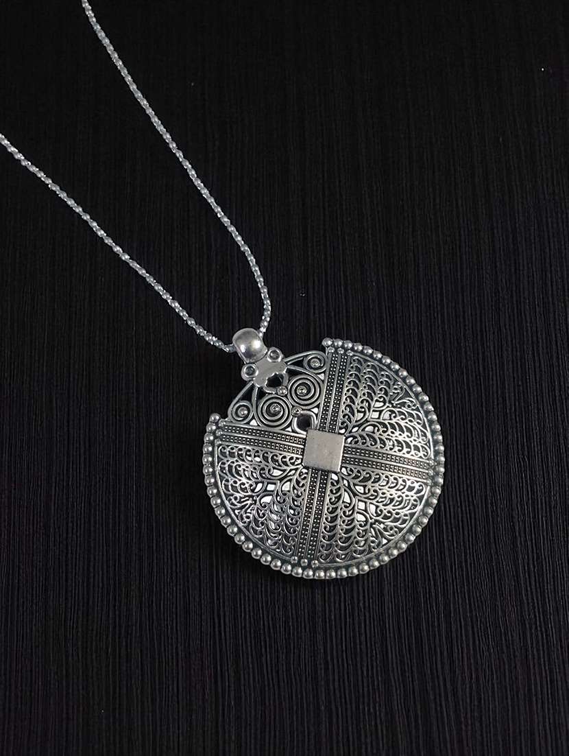 artificial oxidised silver big pendant necklace chain - antique statement jewellery - 22495435 -  Standard Image - 2