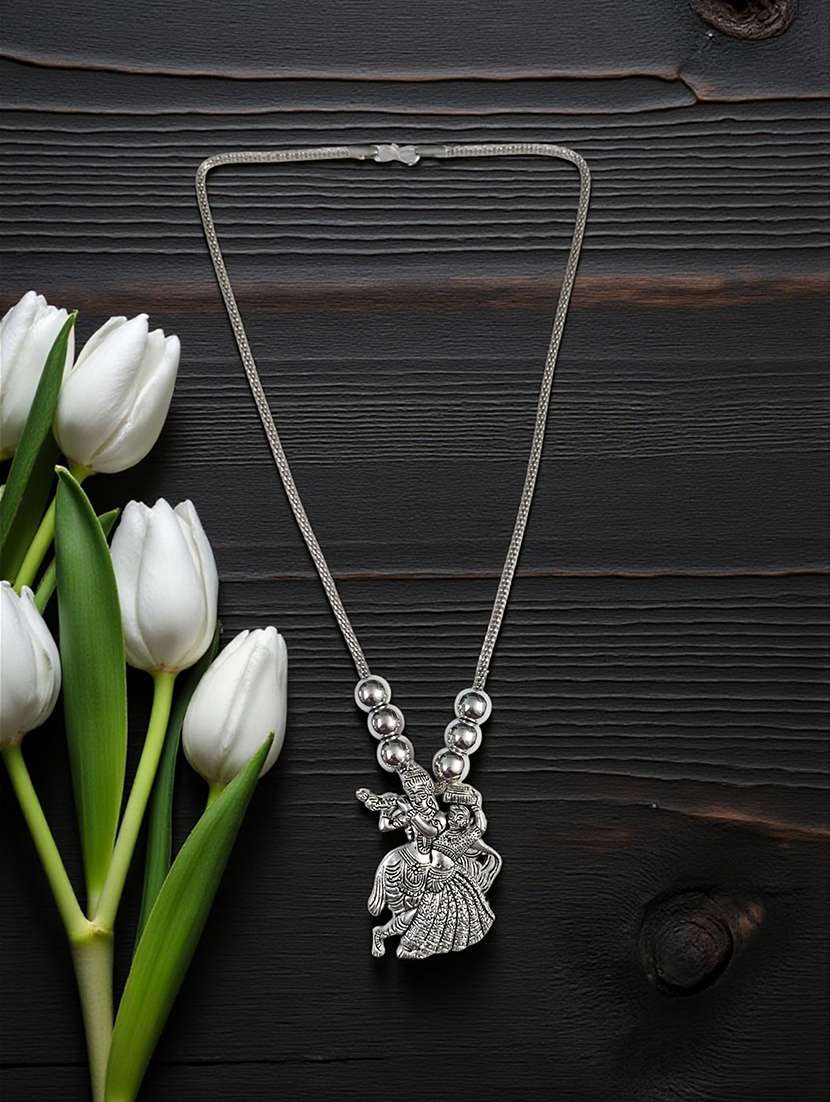 antique oxidised silver radha krishna pendant necklace chain