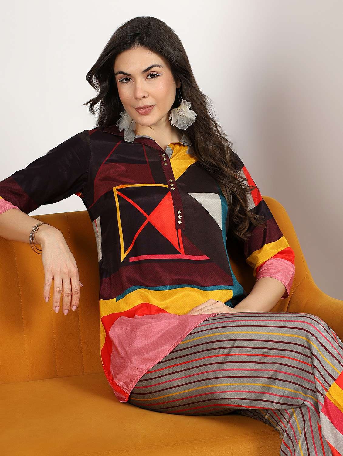 women printed three quarter sleeves top and trouser co-ord set - 22495536 -  Standard Image - 2