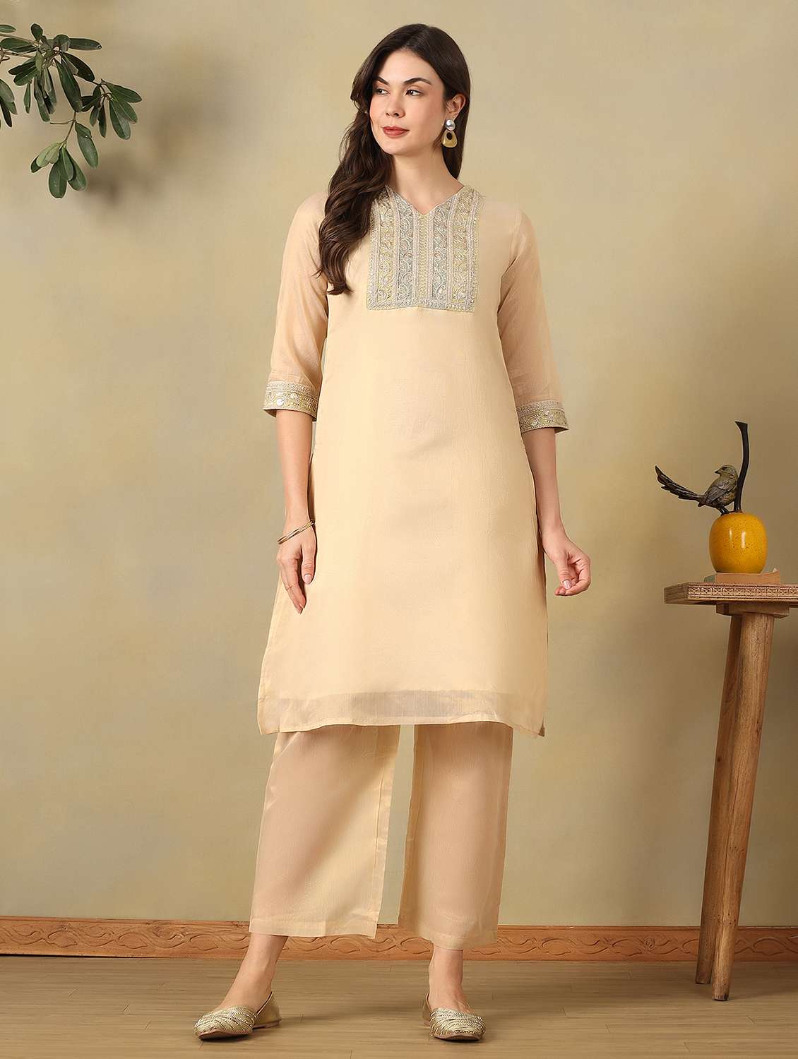 women embroidered three quarter sleeve kurta pant set - 22495548 -  Standard Image - 2
