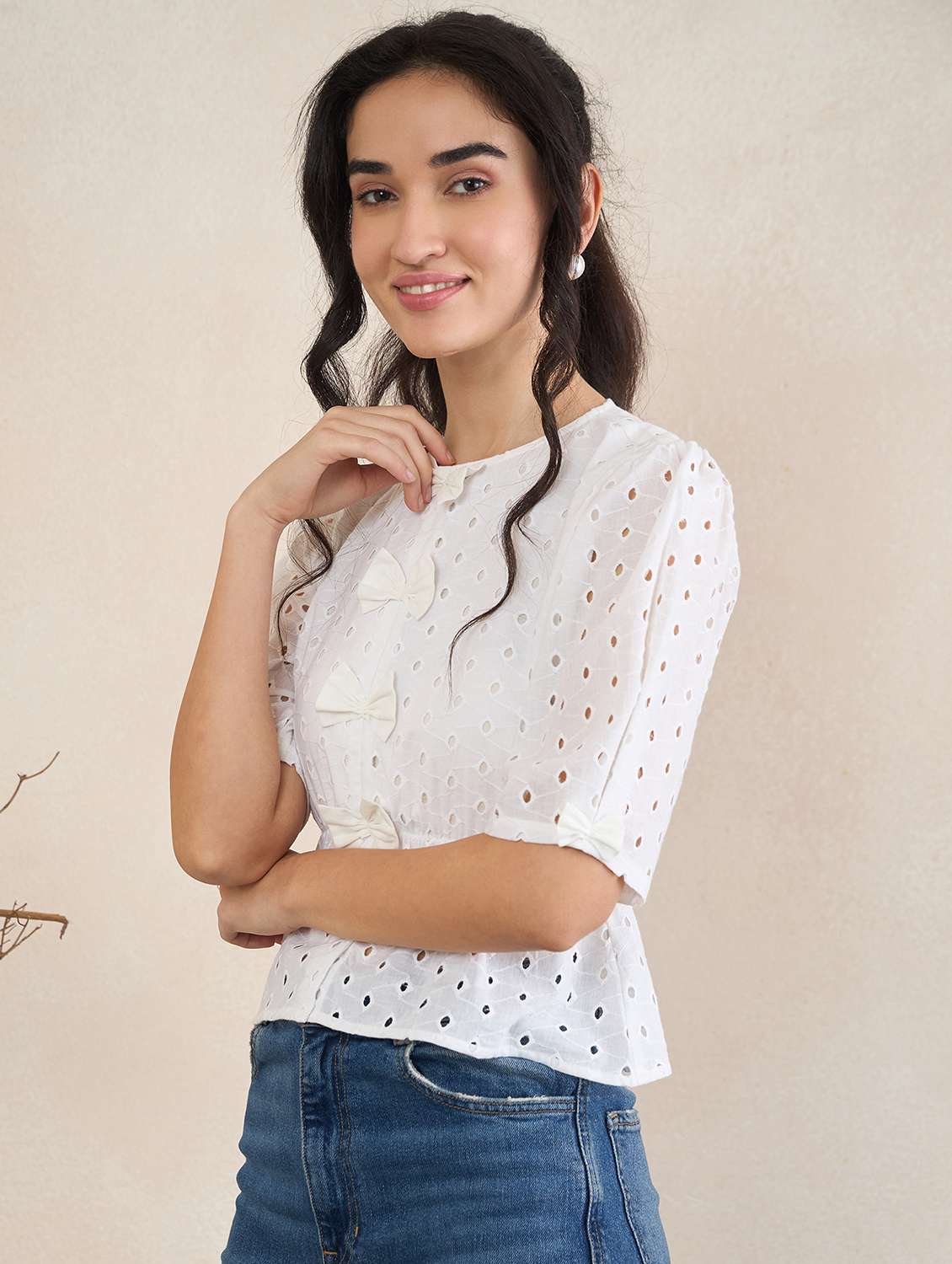 girls white schiffli cotton peplum top with puff sleeves - 22495983 -  Standard Image - 2